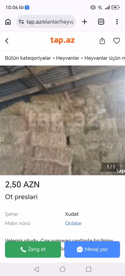 Məhsul: Yonca presi (balya şəklində quru ot/saman) Təsvir: - Heyvan