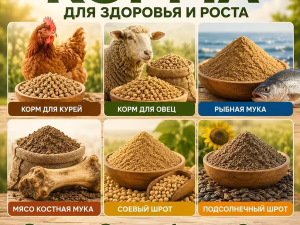 Корма для здоровья и роста животных и птицы. Ассортимент: - Корм для