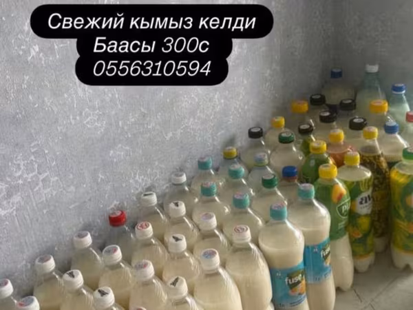 Свежий кымыз (напиток из кобыльего молока), разлитый в пластиковые